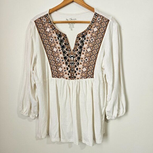 EUC CHICO'S LINEN BLEND EMBELLISHED SPLIT V SCOOP NECK BOHO TOP SIZE 2 WMNS L - Picture 2 of 13
